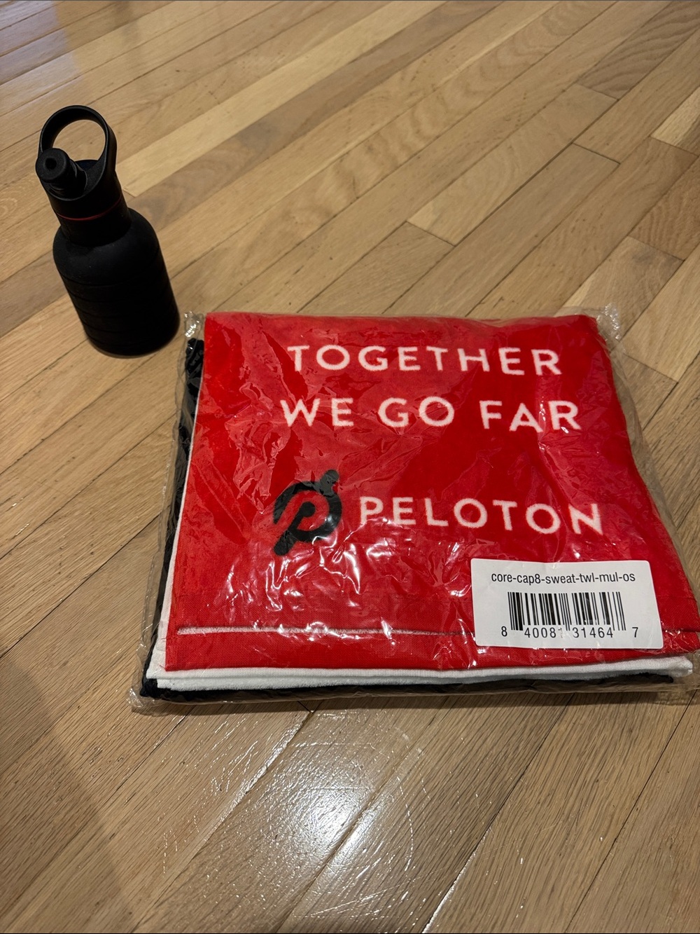 Peloton Red & White and Black Motivational Gym Towel plus water bottle